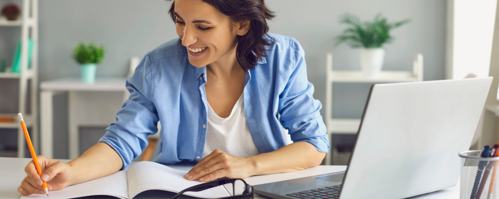 Woman discovering online learning resources