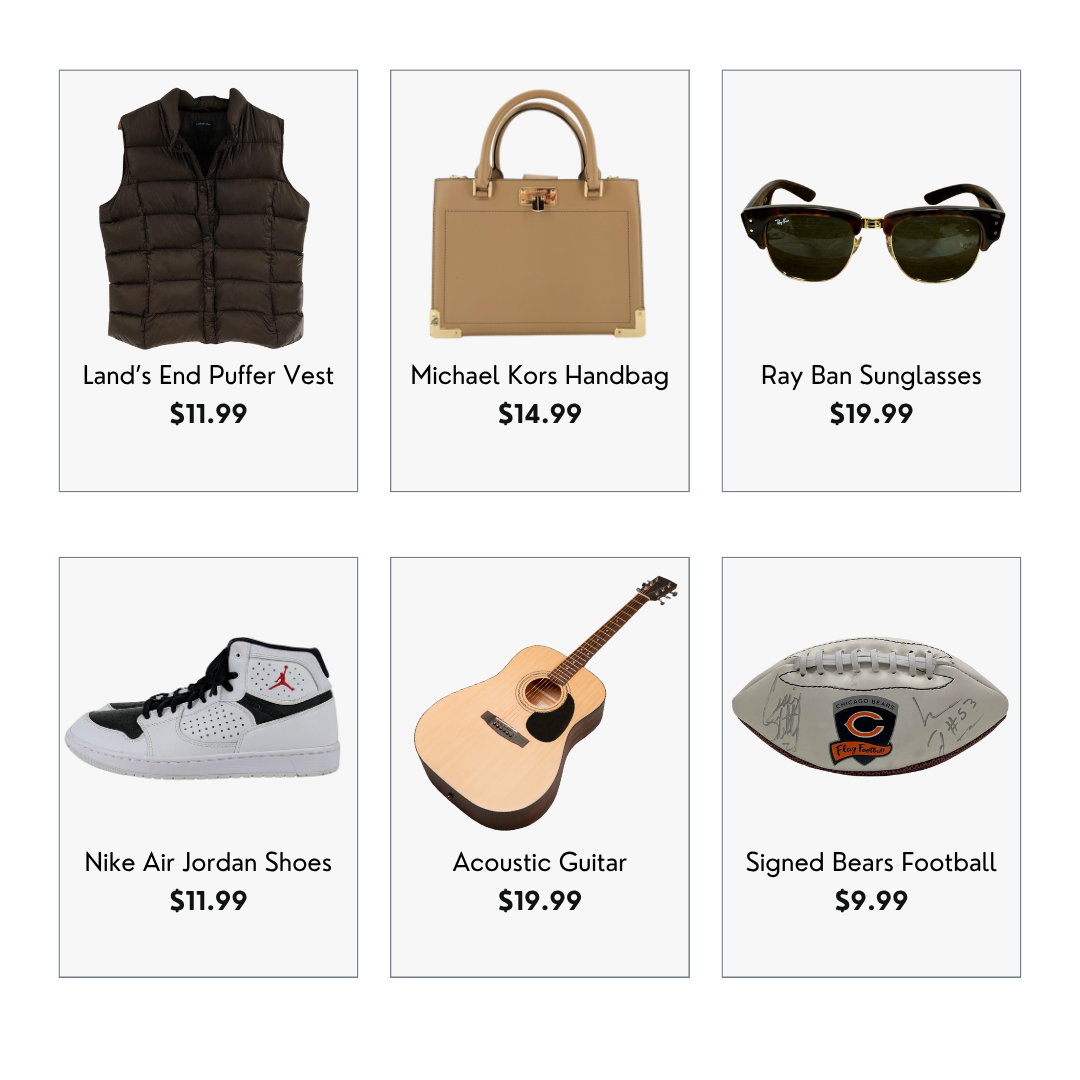 Examples of items you can find on ShopGoodwill.com - guitars, collectibles, sunglasses, clothing, shoes and more